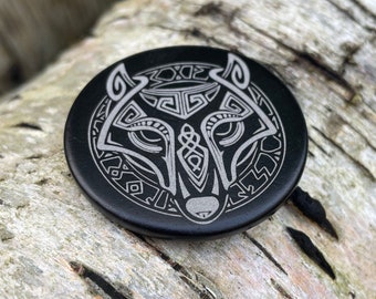 Laser Engraved Fenrir Slate Token, Norse Mythology Palm Stone