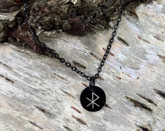 Viking love bind rune necklace, pendant, runic, black stainless steel, nordic, norse, ancient, Elder Futhark, jewellery, wungo, gebo
