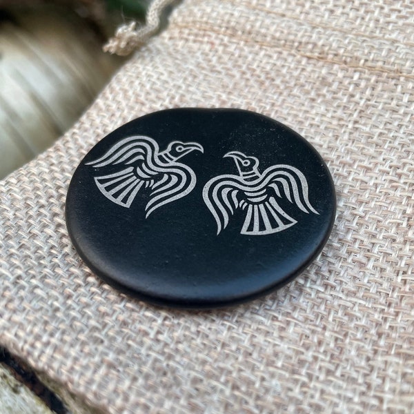 Viking slate token, palm stone, keepsake, Hugin, Huginn, Munin, Muninn, odin, Futhark, runic, ravens, Norse mythology, pocket stone, Wiccan