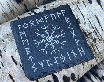 viking slate square coaster, Helm of Awe, sphere of magical power, mead, runic, norse mythology, nordic, elder futhark, enemy, decoration