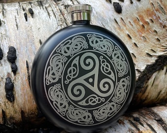 Engraved Triskele Viking Hip Flask, Norse Dragon Celtic Steel Flask, 5oz