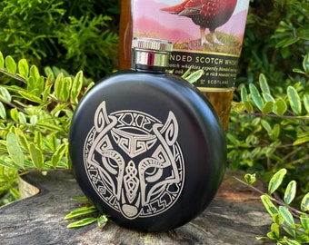 viking hip flask, Fenrir Wolf, 5oz, Son of Loki, Elder Futhark, mead, whiskey, norse mythology, Ragnarok, stainless steel, Celtic, runic
