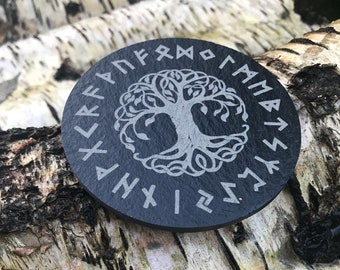 Yggdrasil Slate Coaster, Elder Futhark Runes, Norse Decor