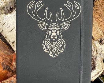 personalised leatherette notebook, stag, deer, Celtic, initials, your text, A5 lined