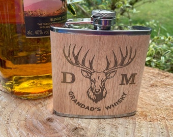 hip flask, personalised, stag, deer, 6oz, whiskey, whisky, grandad, husband, groom, initials, stainless steel, best man, gift, wood, leather