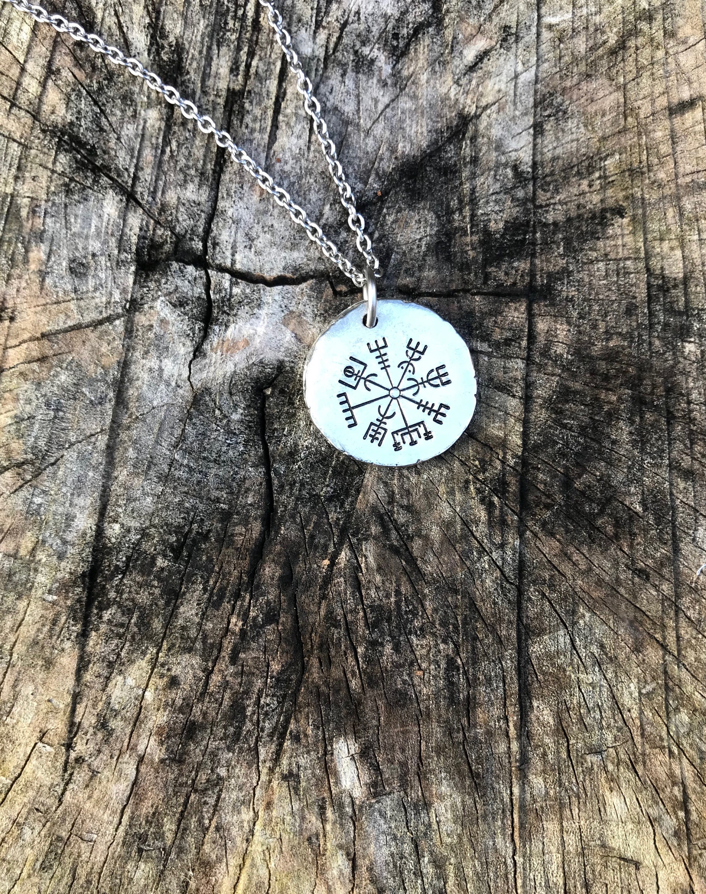 Viking jewellery, vegvisir, Hand Stamped pewter, norse, nordic, staves, protection, guidance, viking compass, wayfinder, signpost, Icelandic