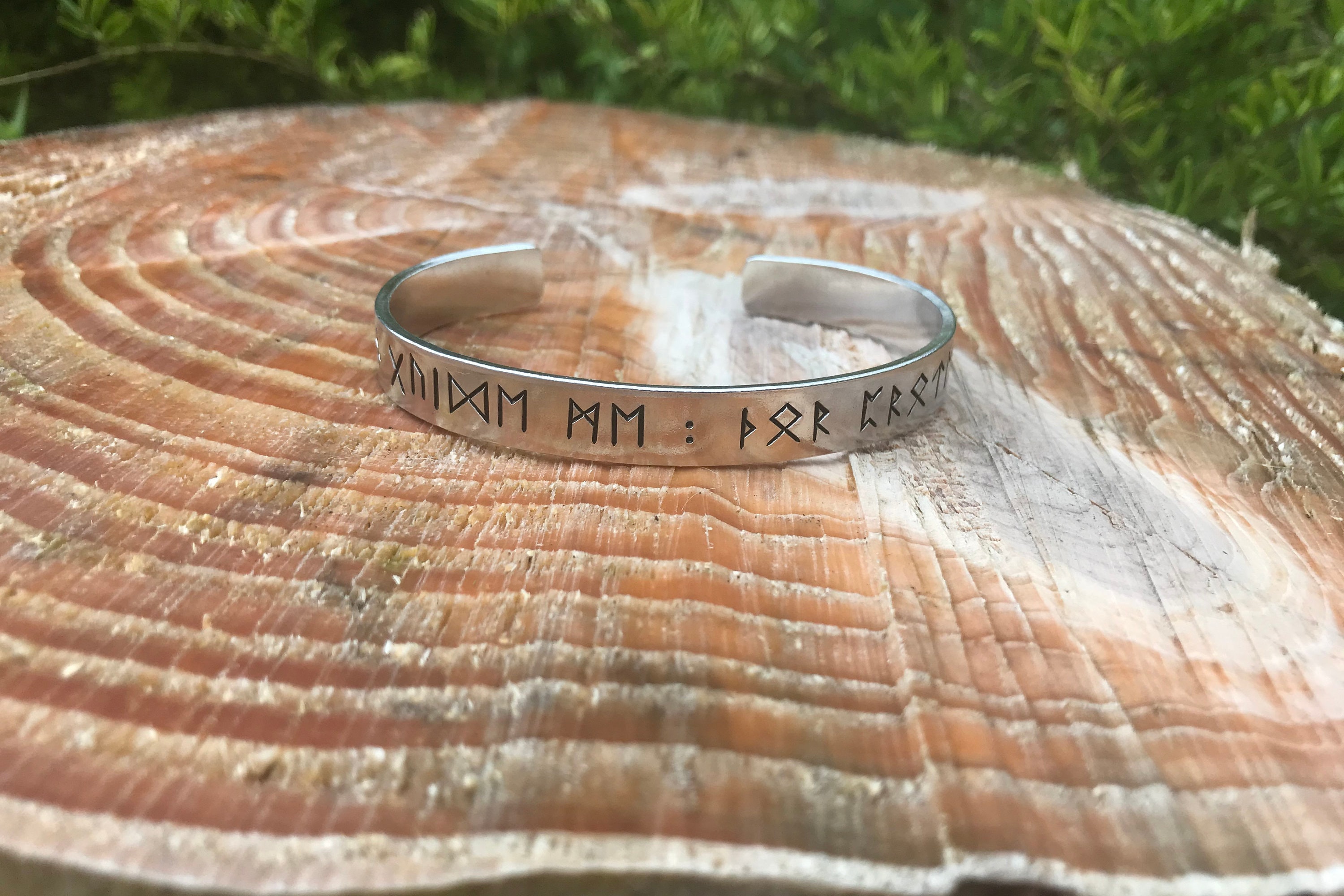 Viking runic hand stamped cuff, "Odin guide me : Thor protect me", large size aluminium bracelet, Elder Futhark, Norse, Viking, Odin, Thor