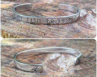 Engraved Viking Runic Cuff, Aluminium Norse Bracelet, Raven Design