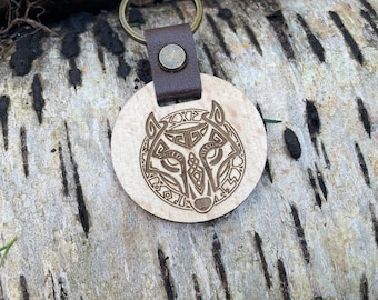 Personalized Fenrir Wolf Wooden Keychain, Norse Runes