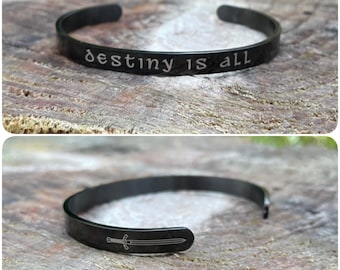 Engraved Black Stainless Steel Viking Cuff, Destiny is All, Uhtred Sword Bracelet