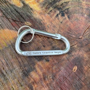 Personalised Carabiner Keychain, dad&#39;s tractor keys, tractor, farmer, fathers day, grandad, farming, personalised, pop, keyring,