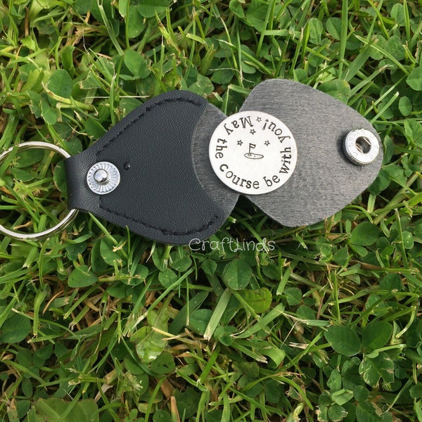 Hand Stamped Personalized Golf Ball Marker and Leather Keychain Holder OR hat clip OR both, may the course be with you, stars, golfers gift