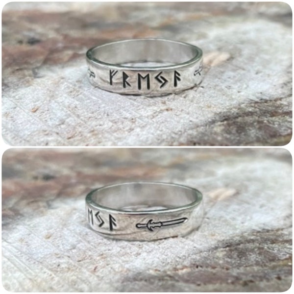 freya viking runic sterling silver ring, sword, warrior, frejya, Elder Futhark, fighter, norse, hand stamped, goddess, love, rune, jewellery