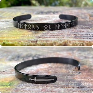 Viking runic cuff, &quot;victory or Valhalla&quot;, swords, black stainless steel, Elder Futhark, Norse, Viking, odin, death, halls, warrior, fighter