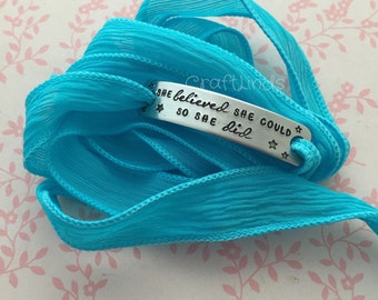 Silk Wrap Hand Stamped Bracelet, she believed she could so she did, stars, personalised, names, quote, designs