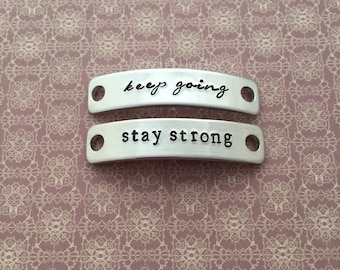 Hand Stamped Lace Plates For Your trainers. "keep going" "stay strong" personalised, fitness, runners, sneakers, shoes, gym, workout