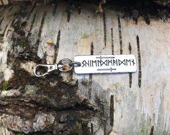 hand stamped aluminium viking runic keychain, "Shieldmaiden" runes, sword, norse, nordic, key ring, personalised, valallah, elder futhark,