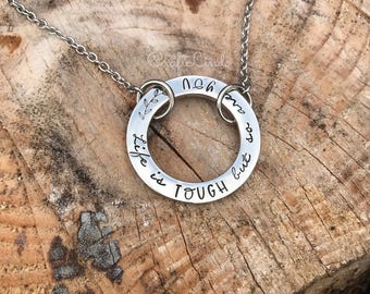 Hand Stamped Floral Stainless Steel Washer Necklace, Personalized Gift