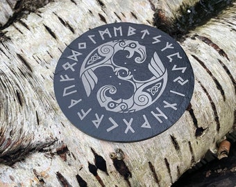 Viking Slate Coaster, Odin's Ravens, Elder Futhark Runes