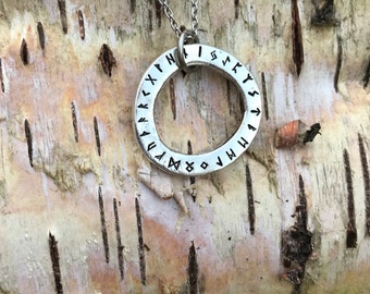 runic pewter Hand Stamped  washer Necklace, The Elder Futhark, Earth, warrior, heaven, 24 runes, Norse, Viking, runic alphabet,