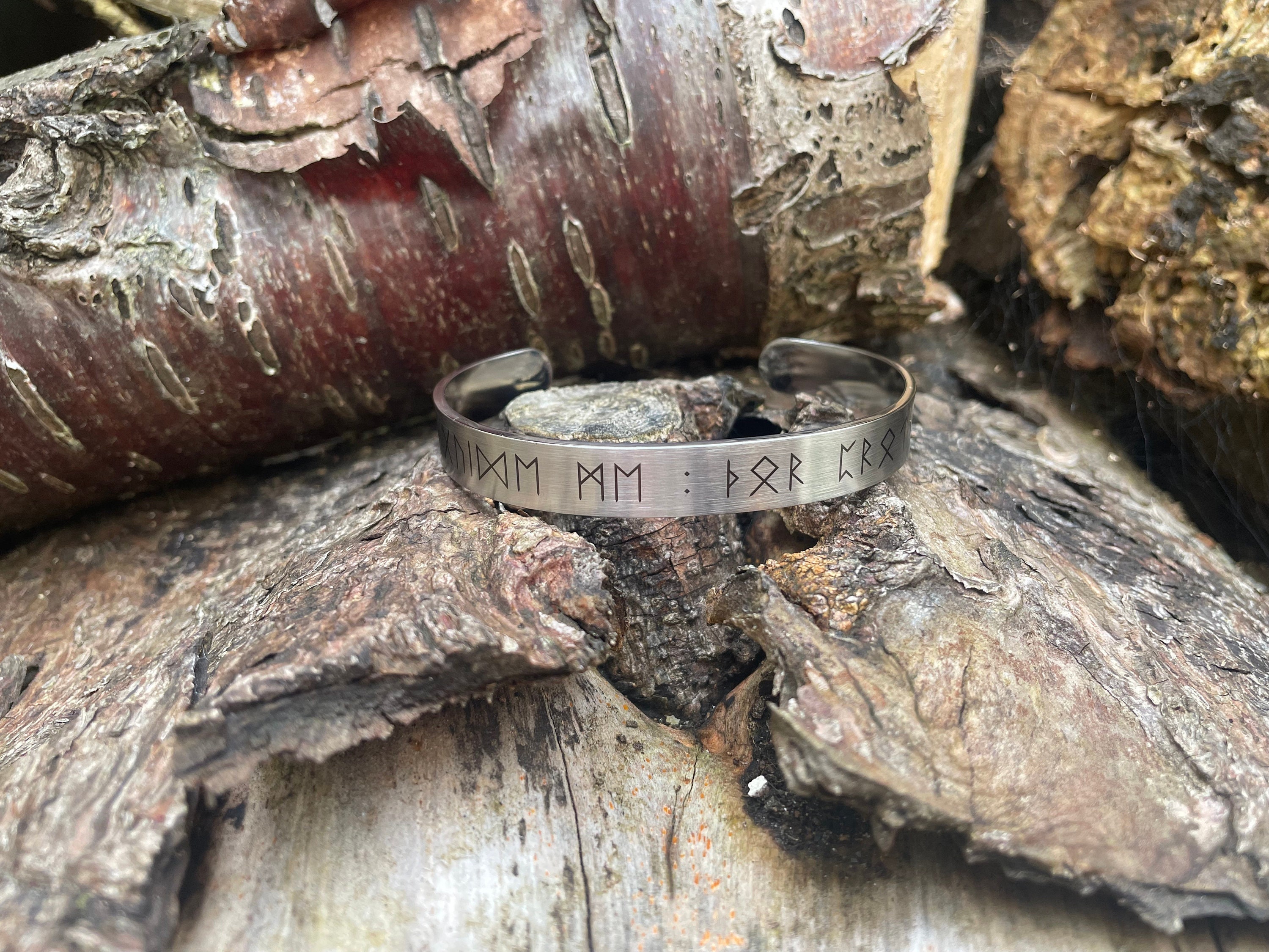 Viking runic cuff, "Odin guide me : Thor protect me", stainless, trickelion, triskele, Elder Futhark, Norse, Odin, Thor, bracelet, Wiccan