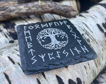 Viking Slate Coaster, Yggdrasil Tree of Life, Elder Futhark Runes