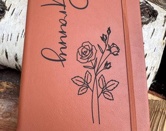 personalised PU leatherette notebook, mum, granny, birth flower, teacher