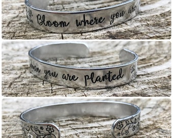 hand stamped cuff, bloom where you are planted, floral, grateful, positivity, flowers, cherry blossom, bracelet, jewellery, personalised