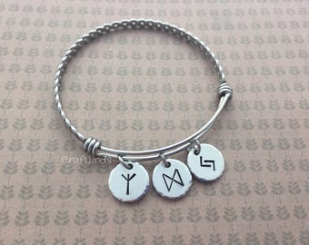 Hand Stamped Runic Viking Bangle, Stainless Steel Twist Jewelry, Personalized Elder Futhark