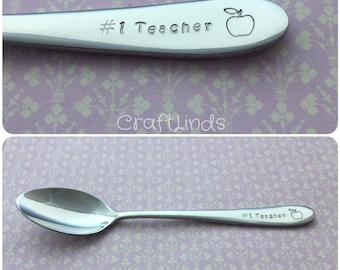 Hand Stamped Tea Spoon, #1 teacher, apple, teachers gift,teachers name, classroom assistant, end of term, Christmas, school, kindergarten