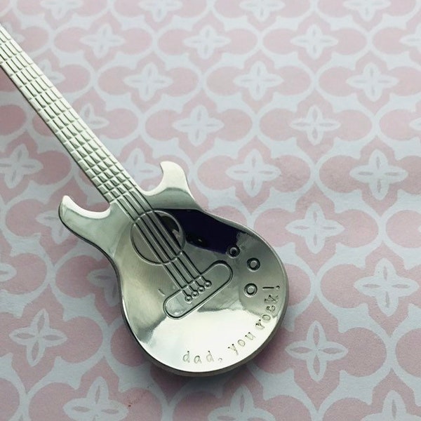 Hand Stamped Guitar Tea Spoon "dad, you rock!", your text, music, guitarist, Personalised, stamped with your message, your design