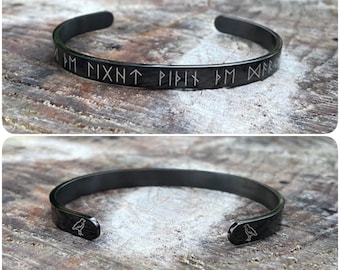 Black Stainless Steel Viking Runic Cuff, Raven Design, Norse Odin Jewelry, find the light within the darkness