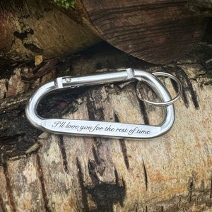 Personalised Carabiner Keychain, aluminium, cursive whimsical font, husband, boyfriend, girlfriend, wife, custom, climber  keyring, engraved