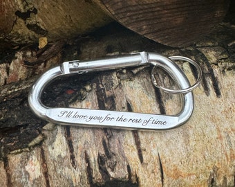 Personalised Carabiner Keychain, aluminium, cursive whimsical font, husband, boyfriend, girlfriend, wife, custom, climber  keyring, engraved