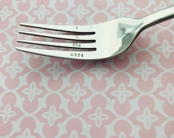 Hand stamped fork,i love you more, heart, personalised,valentines, prongs, steens, your message, table fork, stainless steel, cutlery, new