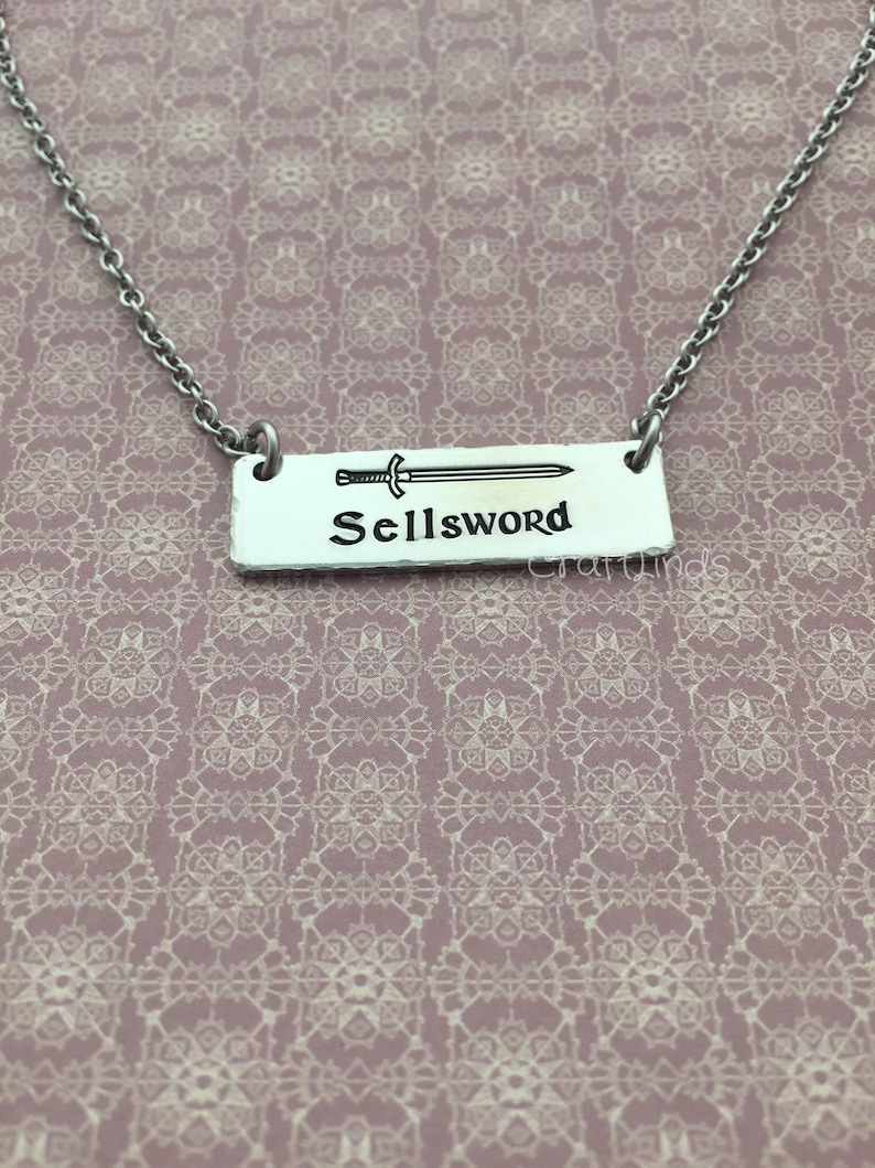 warrior or personalised sells services fighter viking jewellery pewter sword hand stamped necklace Sellsword with sword