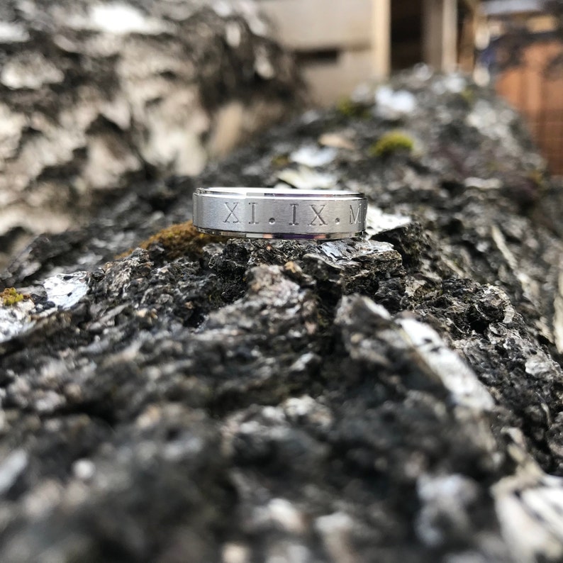 Personalised subtle birthdate Comfort Fit children womans Hand Stamped Roman Numerals Stainless Steel Ring wedding jewellery mens