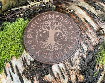 viking coaster, PU leather, Yggdrasil, the tree of life, Asgard, brown, mead, drink, beer, viking, runic, norse, nordic, elder futhark
