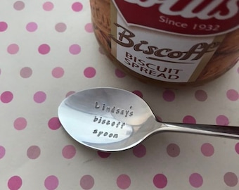 Hand Stamped Tea Spoon, Personalised, my biscoff spoon, lotus, spread, stamped message, chocolate, peanut butter, stainless steel cutlery