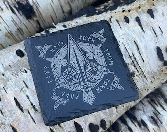 Norse Mythology Slate Coaster, Odin, Gungnir, Elder Futhark Runes