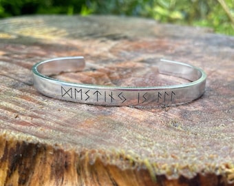 Viking runic cuff, "Destiny is all", Uhtred, swords, aluminium bracelet, Elder Futhark, Norse, Viking, warrior, Odin, Thor, sword