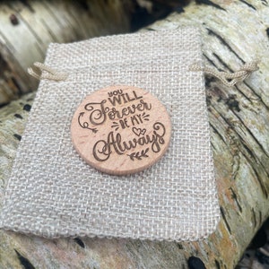 ficha de madera, abrazo de bolsillo, serás para siempre mi siempre, regalo de San Valentín, amor, aniversario, boda, recuerdo, piedra, regalo para él ella