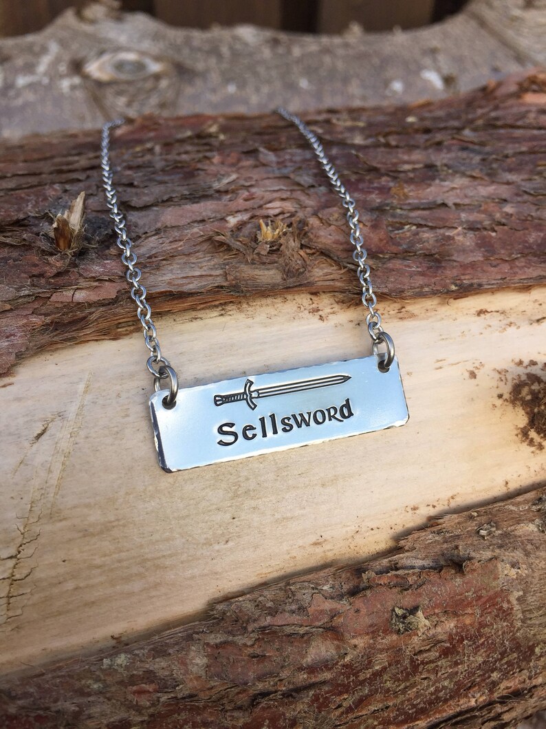warrior or personalised sells services fighter viking jewellery pewter sword hand stamped necklace Sellsword with sword