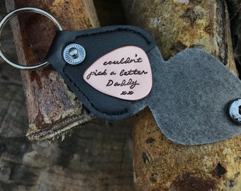 Hand Stamped guitar pick, personalised, "couldn't pick a better daddy x" copper pick, gift, grandad,Leather Keychain, Father's Day
