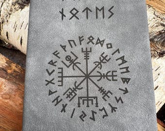 personalised leatherette notebook, viking, norse, runic, vegvisir, your text