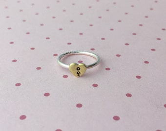 stacked sterling silver ring, with brass heart and semicolon, hand stamped, hand made, custom, made to order, semi colon, stacking ring