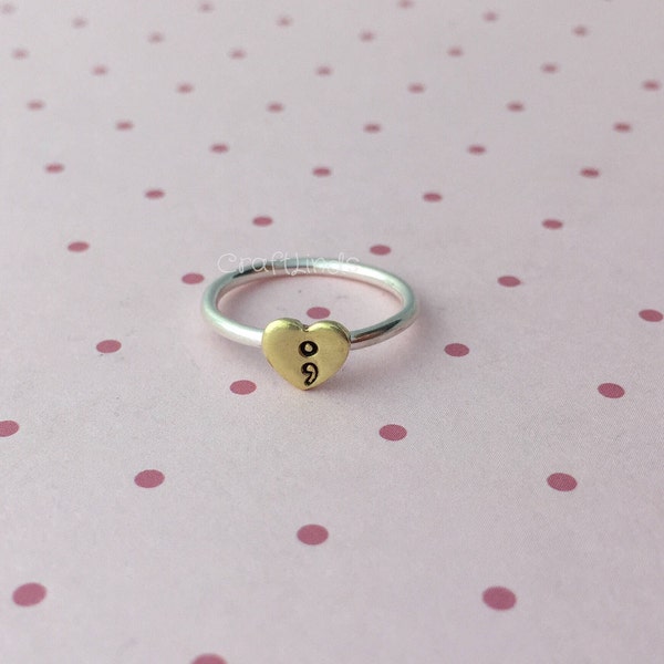 stacked sterling silver ring, with brass heart and semicolon, hand stamped, hand made, custom, made to order, semi colon, stacking ring