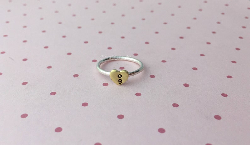 stacked sterling silver ring, with brass heart and semicolon, hand stamped, hand made, custom, made to order, semi colon, stacking ring image 1