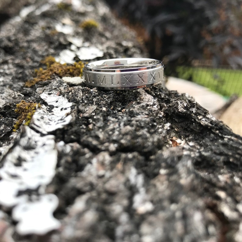 Personalised subtle birthdate Comfort Fit children womans Hand Stamped Roman Numerals Stainless Steel Ring wedding jewellery mens