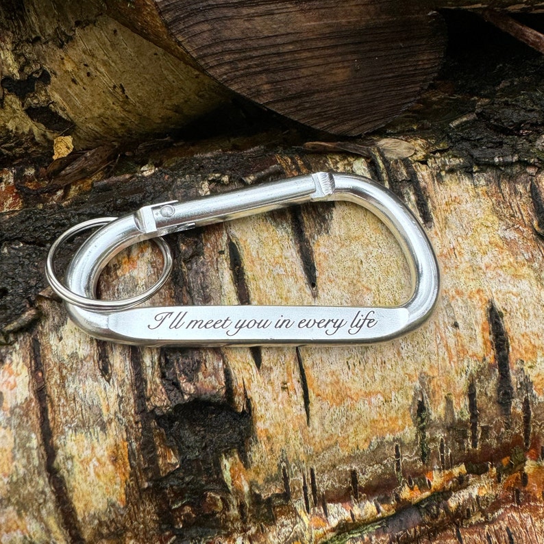 Personalised Carabiner Keychain, aluminium, cursive whimsical font, husband, boyfriend, girlfriend, wife, custom, climber keyring, engraved image 3